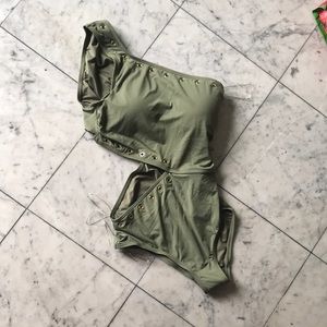 Michael Kors One Shoulder Cutout Side woman swimsuit with gold grommets size 12